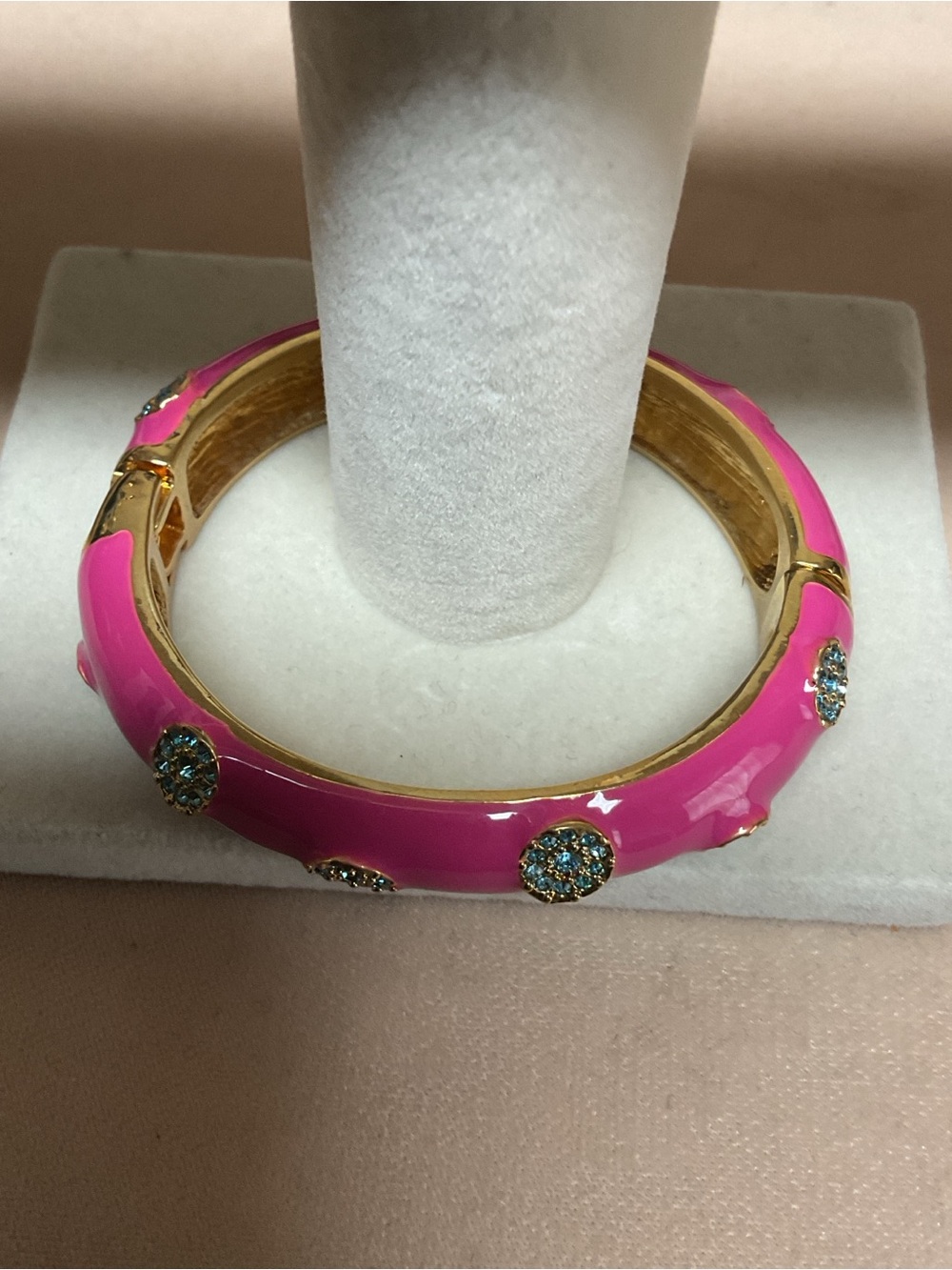 Pink Enamel Gold-Tone Bangle with Blue Crystal Accents - Picture 2 of 5